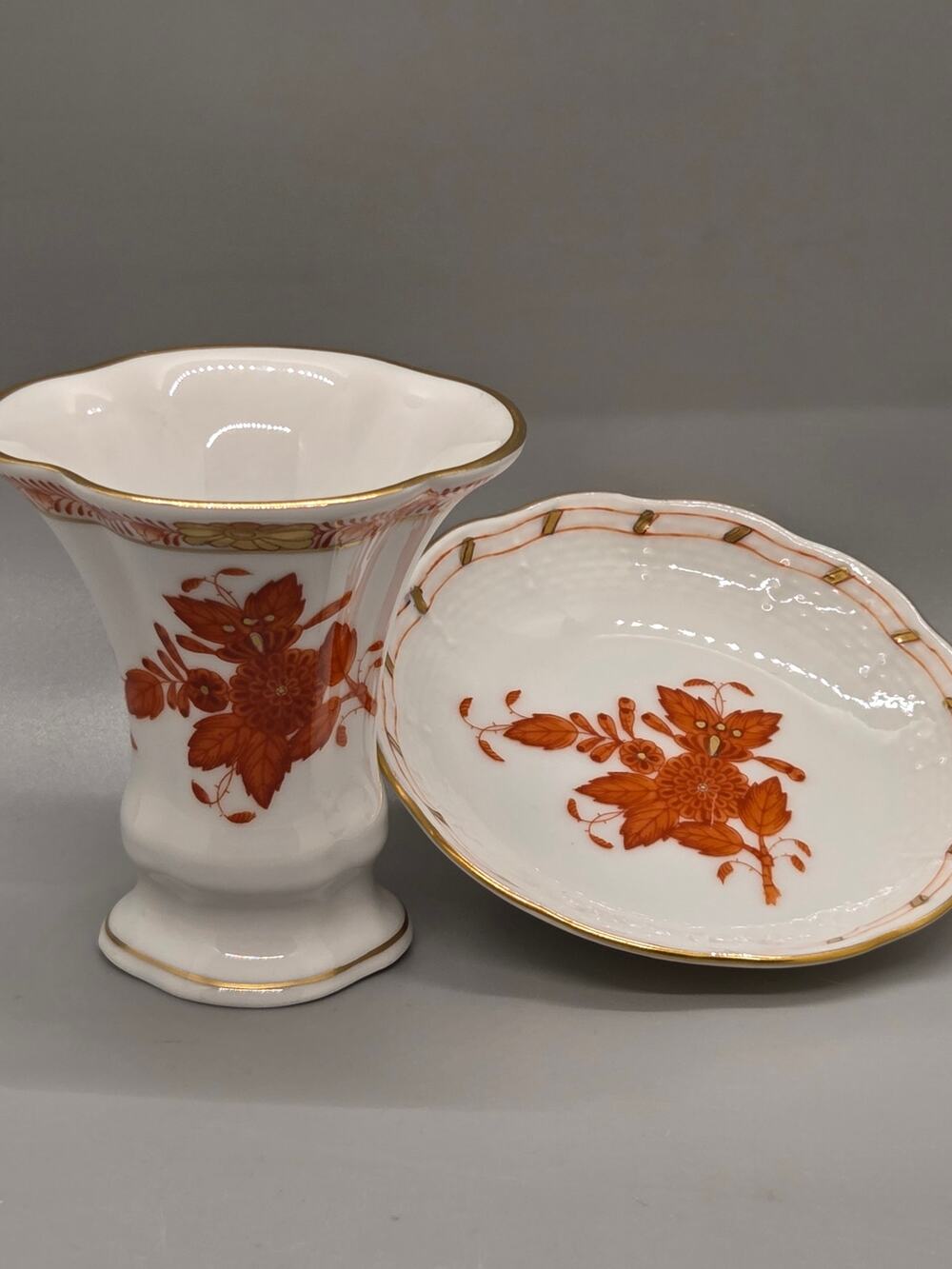 Herend Apponyi Orange 6434 AOG Vase Scalloped Dish 338 AOG